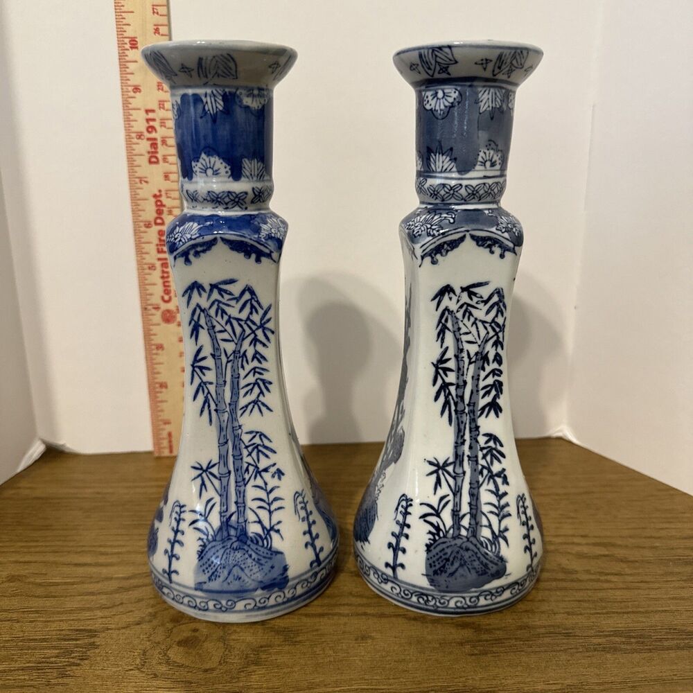 Pair China Chinese Blue & White Porcelain Candlesticks Bamboo Prunus & Fungi